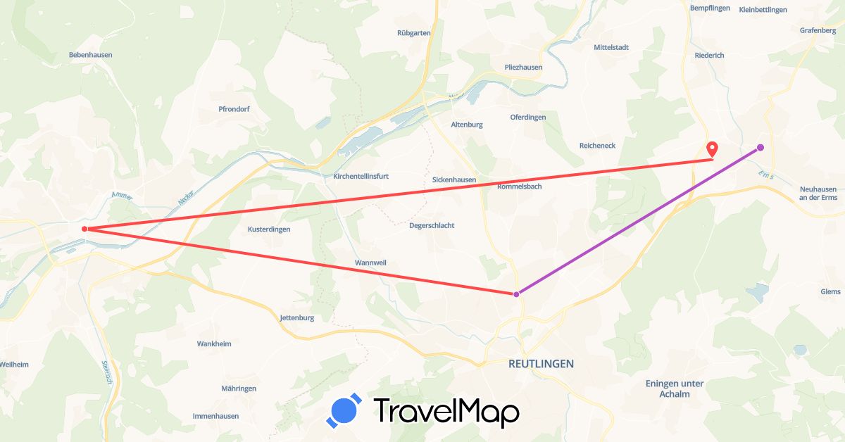 TravelMap itinerary: driving, train, hiking in Germany (Europe)